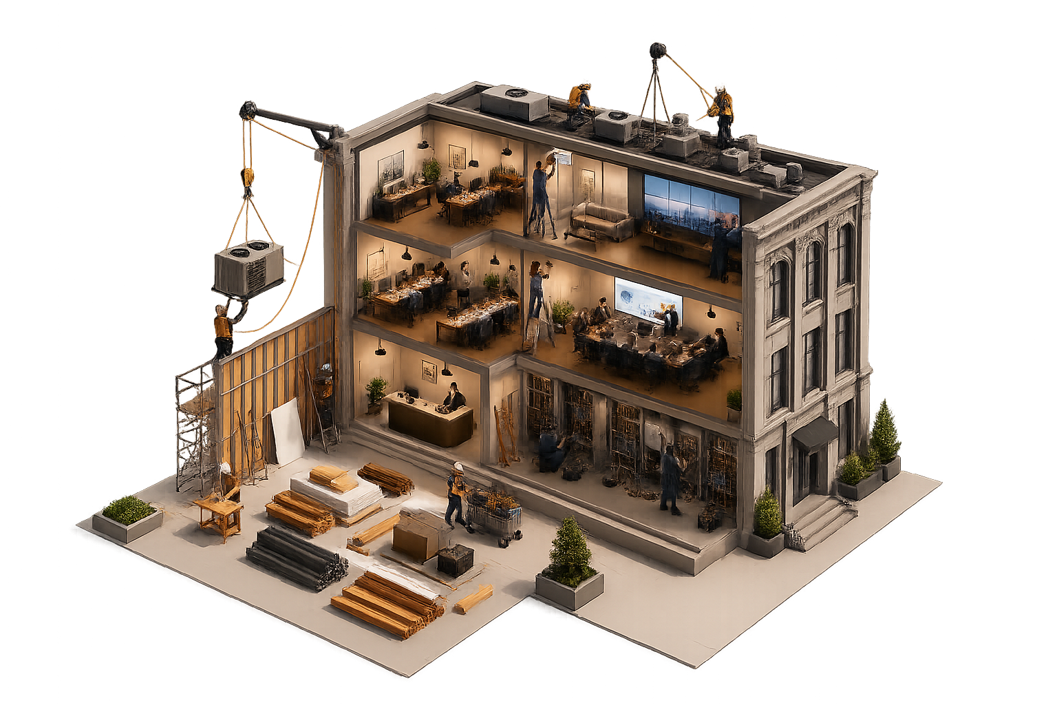Hands-on craftsmanship combined with modern AV technology inside a building cutaway